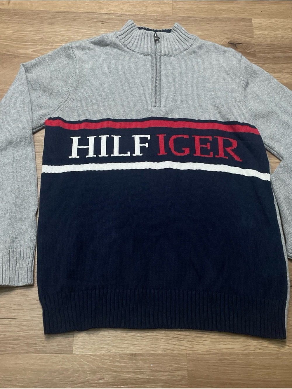 Kids Tommy Hilfiger Gray, Navy & Red Half-Zip Logo Pullover